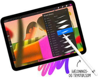 Apple Pencil, der vælger penselstil i penselsamlingen på iPad. Kommentar, der peger på Apple Pencil, med teksten "Hældnings- og trykfølsom"