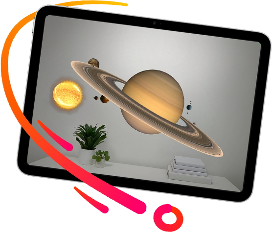 iPad-skærm, der viser et AR-solsystem i et rum
