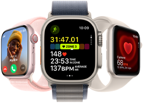 Et Apple Watch Series 9 vendt en smule mod venstre, et Apple Watch Ultra 2 vendt fremad og et Apple Watch SE vendt en smule mod højre