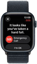 Apple Watch Series 9 registrerer et voldsomt fald og viser muligheden for at foretage et nødopkald