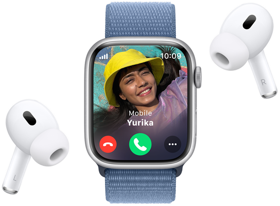 Apple Watch Series 9 viser en skærm med et indgående opkald og AirPods Pro i nærheden