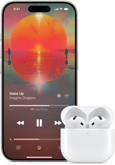 iPhone ved siden af AirPods Pro i et opladningsetui, som er åbent