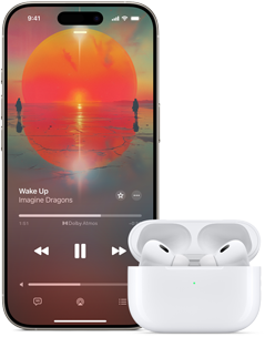 iPhone ved siden af AirPods Pro i et opladningsetui, som er åbent