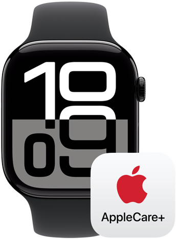 Apple Watch Series 10 ved siden af et AppleCare+-logo, der repræsenterer dækning med AppleCare+.