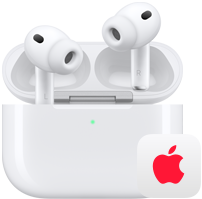 AirPods Pro 3 med henholdsvis venstre og højre trådløse øretelefon i MagSafe-opladningsetuiet og Apple-logo