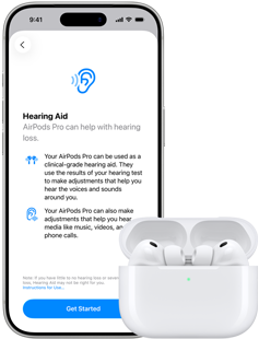 AirPods Pro 3 i MagSafe-opladningsetui og iPhone 17 Pro med teksten: Hearing Aid på skærmen
