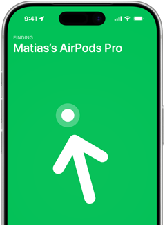 iPhone 17 Pro med Find med Præcis søgning på skærmen og teksten Matias' AirPods Pro
