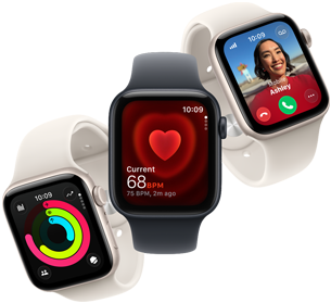 Tre Apple Watch SE 3-enheder svæver ved siden af hinanden