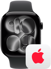 Apple Watch Series 11 med urkasse i pianosort aluminium, Digital Crown, sort sportsrem og AppleCare+-logo i højre side