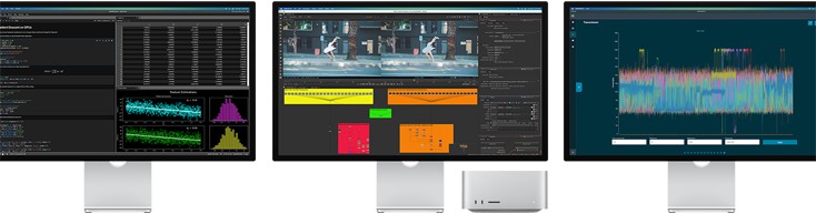 Mac Studio og tre Studio Displays, alle med forskellige macOS-apps på skærmen