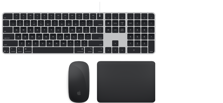 Magic-tilbehør: sort Magic Keyboard med Touch ID, sort Magic Mouse og sort Magic Trackpad 