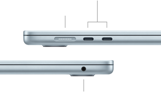 MacBook Air vist fra siden med synlige porte: MagSafe og to Thunderbolt 4-porte i venstre side, jackstik til hovedtelefoner i højre side