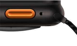 Apple Watch Ultra 3 med urkasse i sort titanium, konveks sensor på bagsiden, Handlingsknap på venstre side og sirene