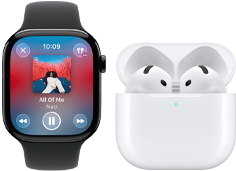 Apple Watch Series 11 med urkasse i skiferfarvet titanium, sort Sportsrem, Apple Music-appen åben og AirPods 4 tilsluttet