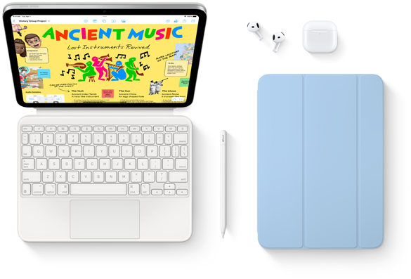 iPad, Magic Keyboard Folio, Apple Pencil, AirPods og Smart Folio vises.