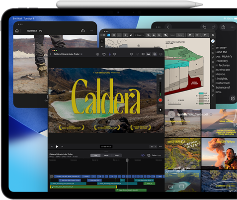 iPad Pro i space black vist forfra i vandret position, en Apple Pencil ligger ovenpå enheden, skærmen viser flere appvinduer i lag, herunder Final Cut Pro med forskellige funktioner til videoredigering og en tidslinje samt Kort, Noter og forskellige medieklip