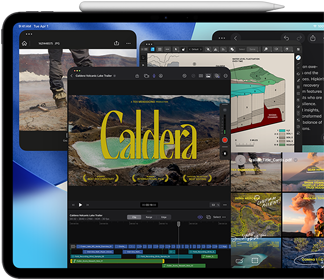 iPad Pro i space black vist forfra i vandret position, en Apple Pencil ligger ovenpå enheden, skærmen viser flere appvinduer i lag, herunder Final Cut Pro med forskellige funktioner til videoredigering og en tidslinje samt Kort, Noter og forskellige medieklip