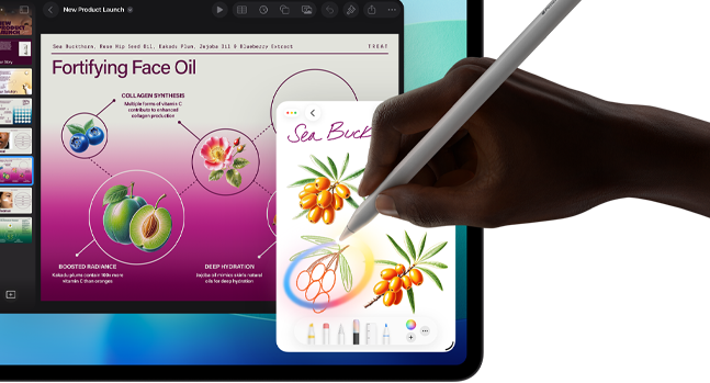 iPad Pro vist forfra, skærmen har en mørkeblå og grøn baggrund med farveforløb, flere apps er åbne, en hånd laver en skitse med Apple Pencil Pro, der viser Apple Intelligence-funktionen Billedmagi