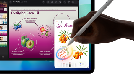 iPad Pro vist forfra, skærmen har en mørkeblå og grøn baggrund med farveforløb, flere apps er åbne, en hånd laver en skitse med Apple Pencil Pro, der viser Apple Intelligence-funktionen Billedmagi