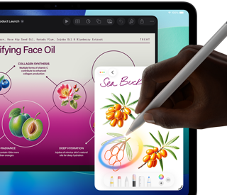 iPad Pro vist forfra, skærmen har en mørkeblå og grøn baggrund med farveforløb, flere apps er åbne, en hånd laver en skitse med Apple Pencil Pro, der viser Apple Intelligence-funktionen Billedmagi