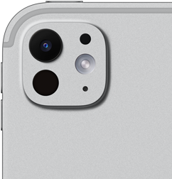 Bagsiden af en sølvfarvet iPad Pro, Pro-kamerasystem med et objektiv med fem linser og adaptiv True Tone Flash