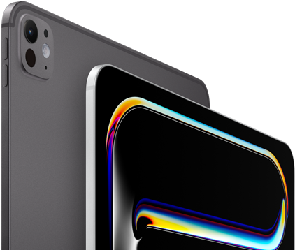 iPad Pro i space black vist bagfra, lydstyrkeknapper og Pro-kamerasystem, sølvfarvet iPad Pro vist forfra, afrundede hjørner, sort skærmkant, skærmen viser flerfarvede linjer på en sort baggrund