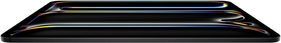 iPad Pro i space black vist forfra, design i aluminium og glas, tynd profil, vippet bagud, skærmen viser flerfarvede linjer