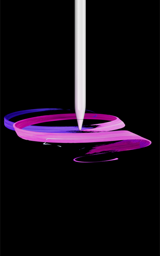 En hvid Apple Pencil Pro vist i profil i lodret position, mens den tegner et dekorativt mønster i lilla og lyserød