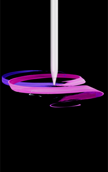 En hvid Apple Pencil Pro vist i profil i lodret position, mens den tegner et dekorativt mønster i lilla og lyserød