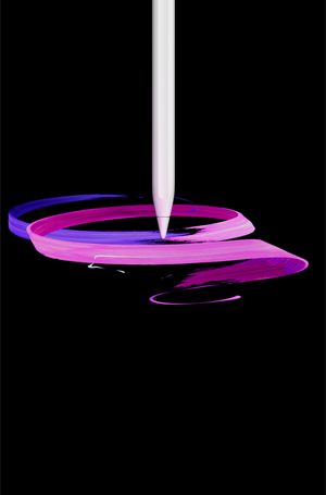 En hvid Apple Pencil Pro vist i profil i lodret position, mens den tegner et dekorativt mønster i lilla og lyserød