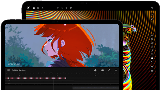 13" iPad Pro og 11 iPad Pro i space black vist forfra i vandret position, afrundede hjørner, sort skærmkant, skærmen på 11" viser et strålende billede af en figur med rødt hår, skærmen på 13" viser farverige elementer til billedredigering i grænsefladen