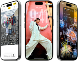 Tre iPhone 17 Pro-modeller vist forfra side om side for at demonstrere iOS 26, Liquid Glass-effekt og Apple Intelligence-funktion