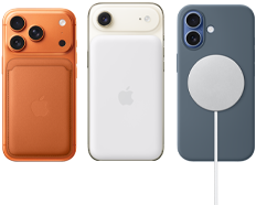iPhone 17 Pro i farven kosmisk orange vist bagfra, med silikone-etui i sienabrun og FineWoven-kortholder med MagSafe i farven ræverød, iPhone Air i farven skyhvid vist bagfra med MagSafe-batteri, iPhone 17 i farven støvet lyseblå vist bagfra med silikone-etui i farven stålblå og MagSafe-oplader