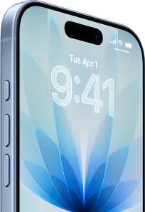 iPhone 17 i støvet lyseblå vist forfra med Dynamic Island i midten, knapper: handlingsknap, lydstyrke